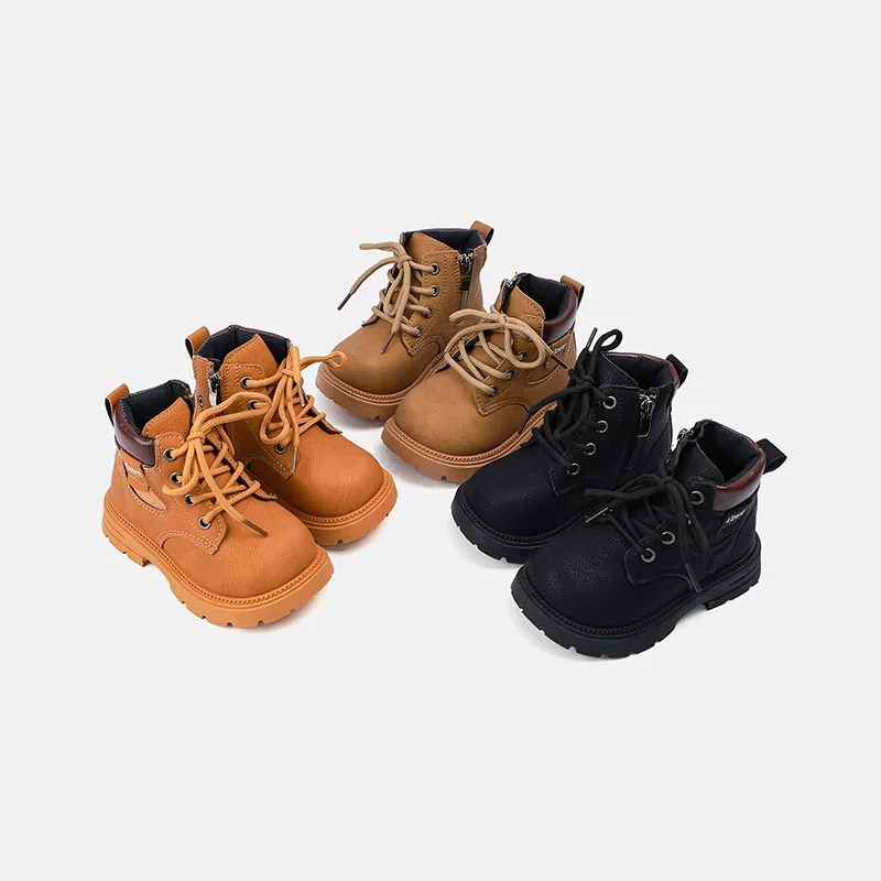

Kids Unisex Classic Leather Work Boots, Side Zipper & Lace-up, Thick Lug Non-slip Sole for Outdoor Daily Wear