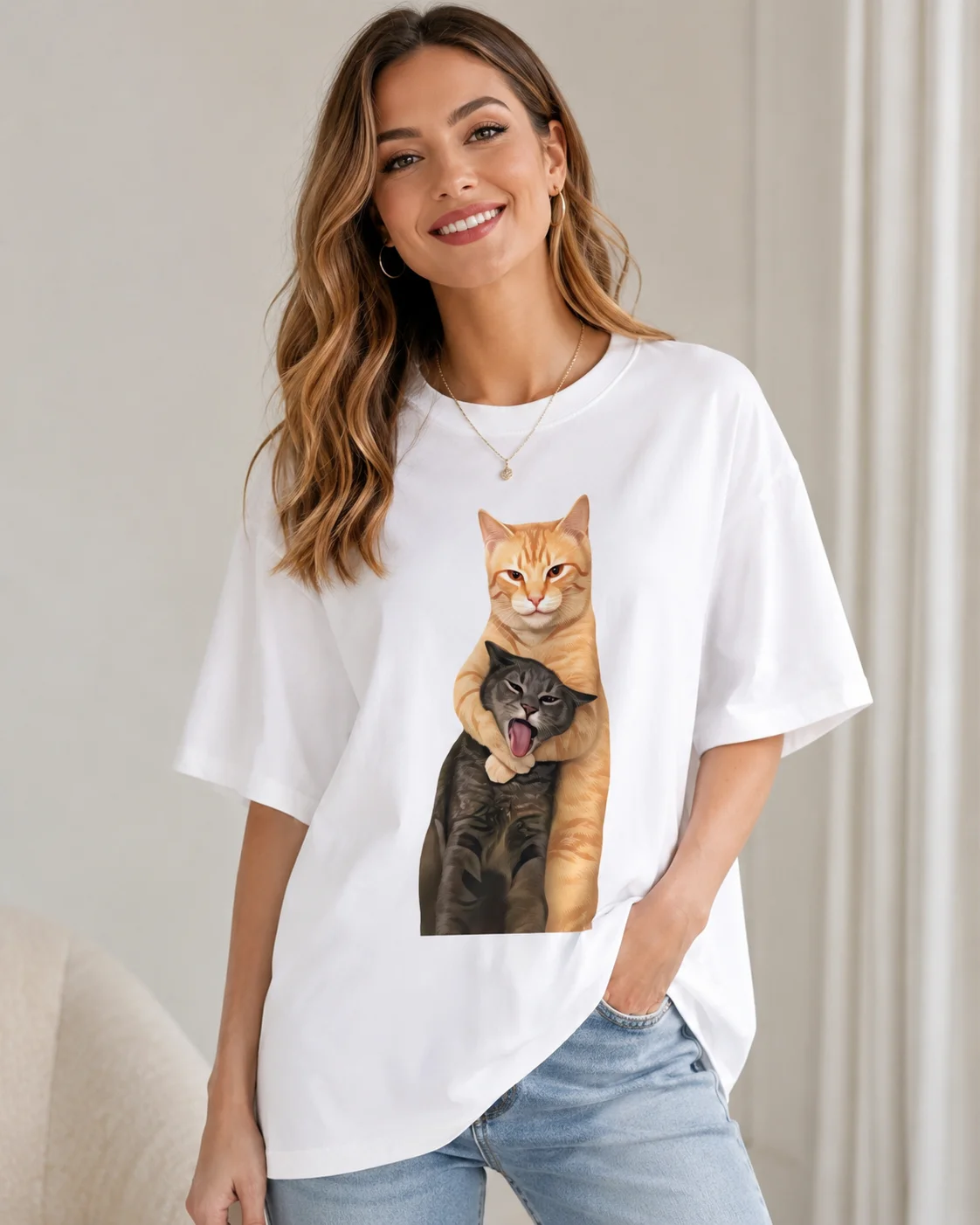 Women's T-shirts Gifts for Cat Lovers, Casual Streetwear Fun T-shirts with Cat Designs Crew-neck Short-sleeve T-shirts