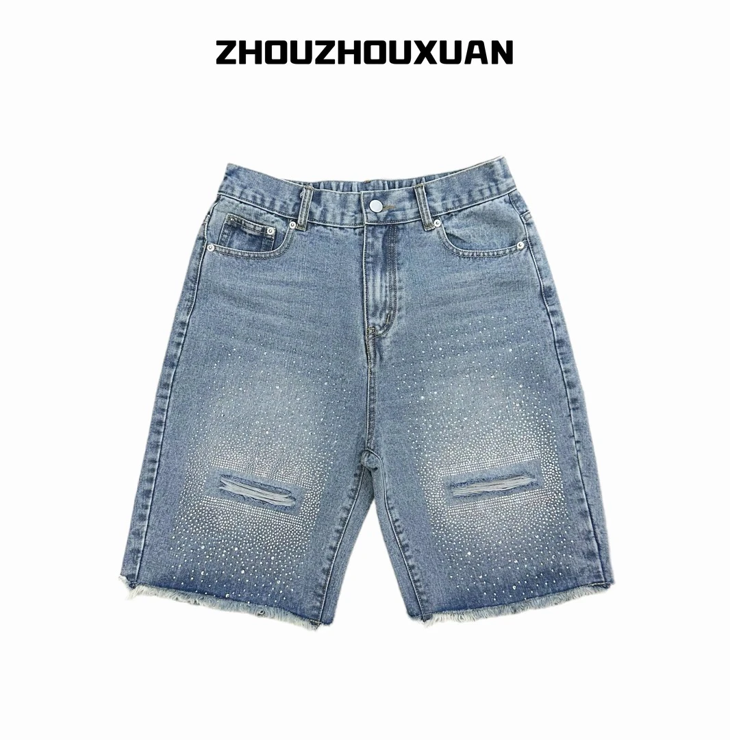 Korean Version Original Fashion Heavy-duty Rhinestone Denim Ripped Shorts Trendy Casual Loose Unisex Versatile Sports Shorts