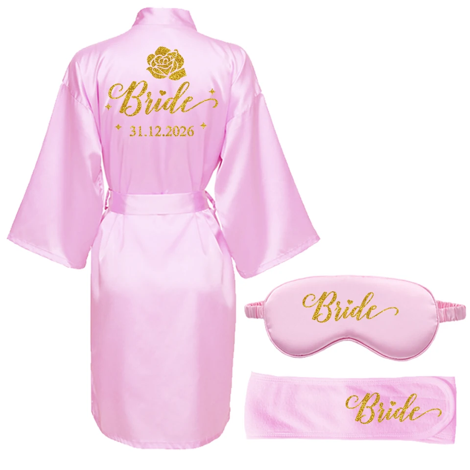 

Customized Name Date Wedding Bathrobe Faux Silk Bridal Robe Bride Bridesmaid Wedding Robes Woman Bachelorette Party Gift