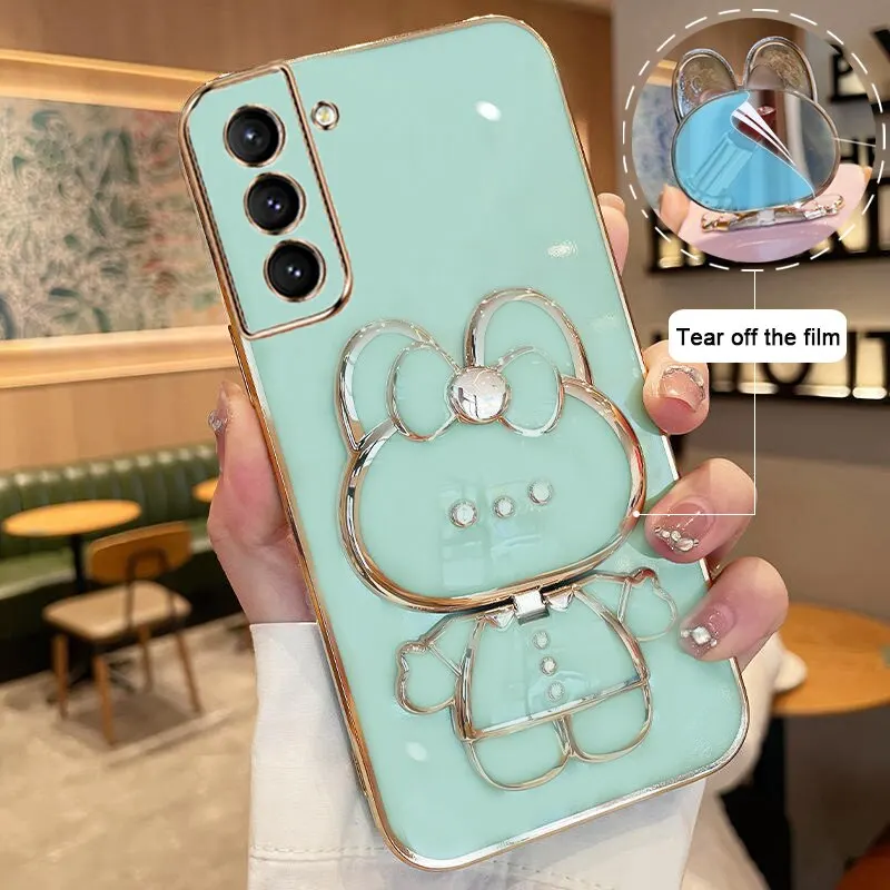 Makeup Mirror Phone Case For Samsung Galaxy S22 Plating Cartoon Rabbit Folding Bracket Phone Protection Case Cover