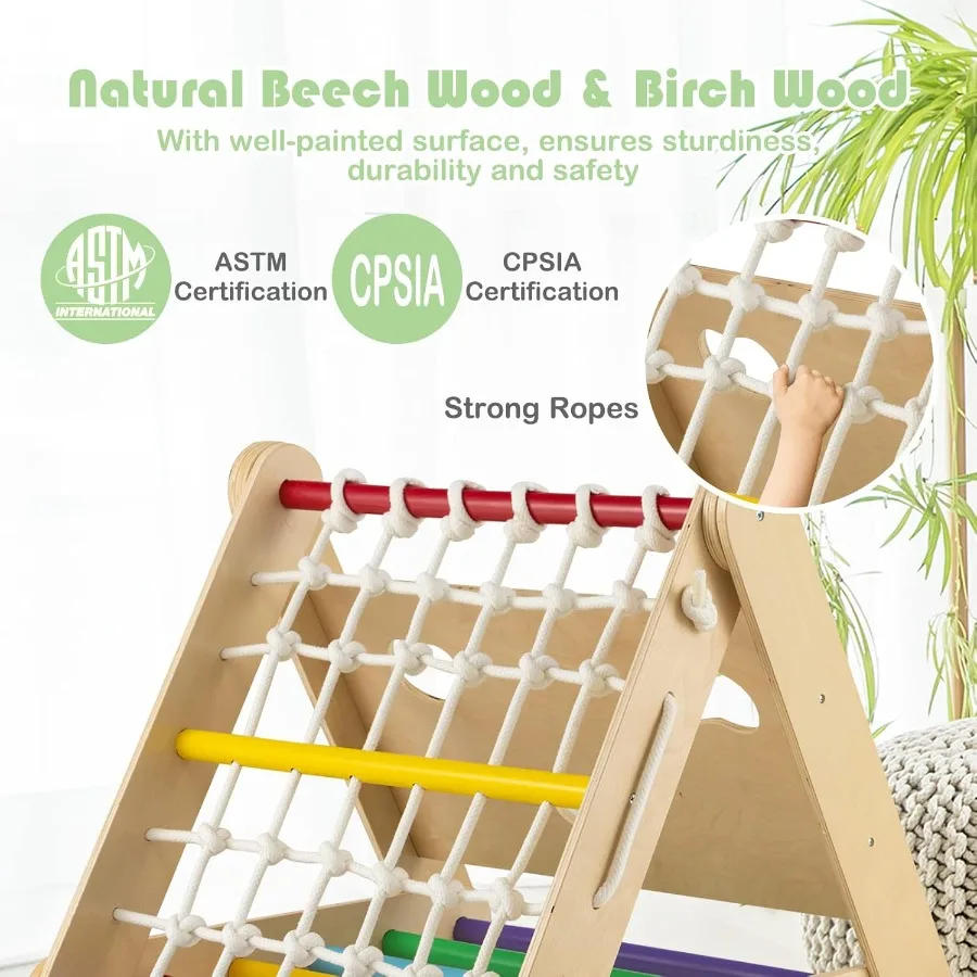 4in1 Triangle Climber with Ramp 3Side Climbing Triangle Ladder with Net Rope and Bars Wooden Montessori Climbing Toys for Toddl