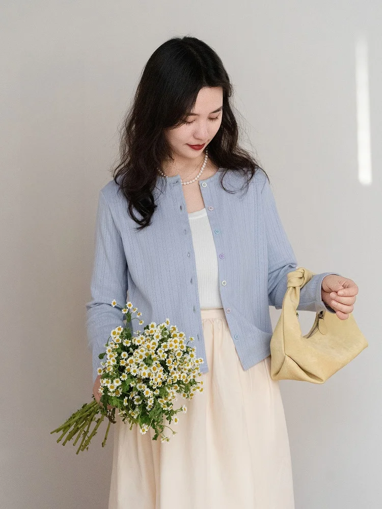 

Синий хлопковый вязаный кардиган на пуговицах с круглым вырезом, тонкий, с открытым передом, простой, повседневный, свободного кроя, с длинными рукавами, женский