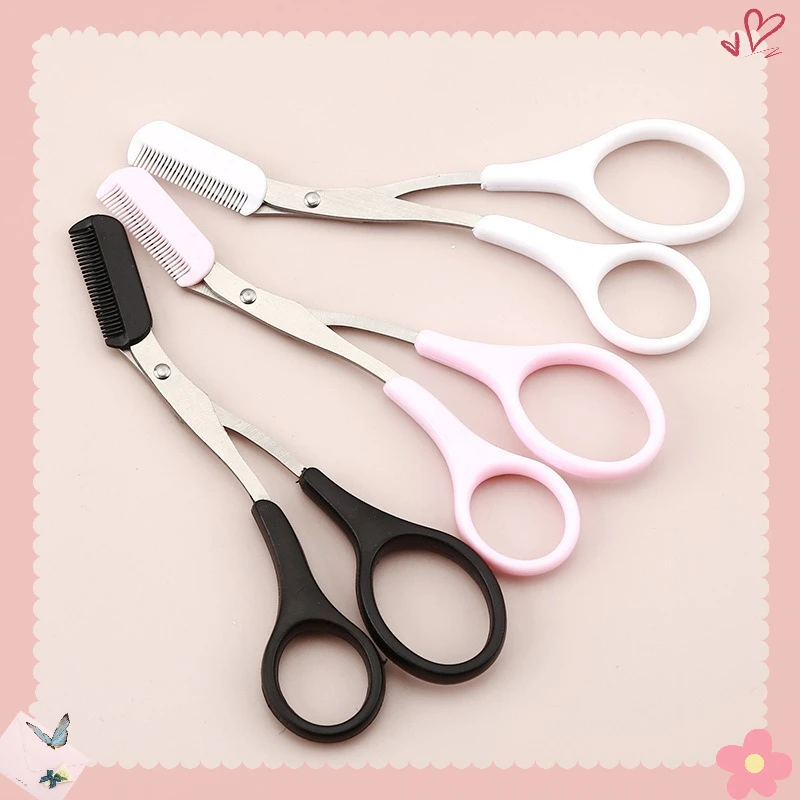 @**Pink eyebrow trimming scissors with built-in comb - stainless steel, precise grooming tool, creating perfect eyebrows