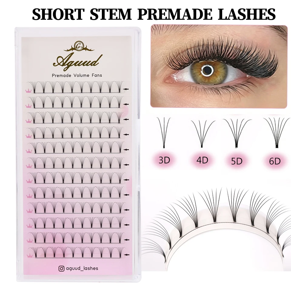 AGUUD 3D/4D/5D/6D Vorgefertigte Volumen-Wimpernverlängerungen mit Kurzem Stiel, Russische Wimpernverlängerungen aus Nerz und Seide, Individuelles Logo
