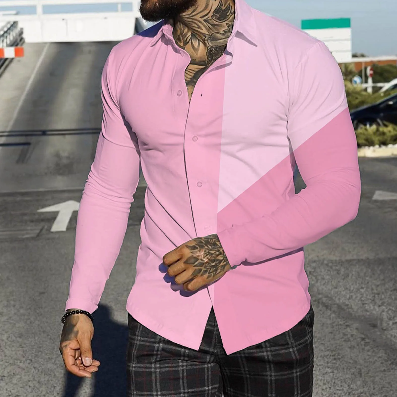 2022 Men\'s Pink Shirt Autumn Casual Turn-down Collar Streetwear Color Block Print Beach Long Sleeve Oversize Shirt For Men Tops