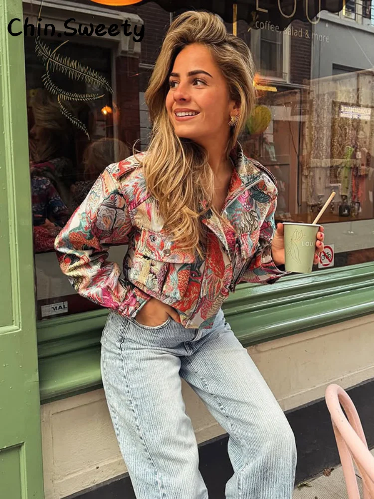 

Fashion Printed Zipper Short Jackets Women Loose Lapel Full Sleeve Pockets All-match Jacket 2025 Summer Autumn High Street Coats
