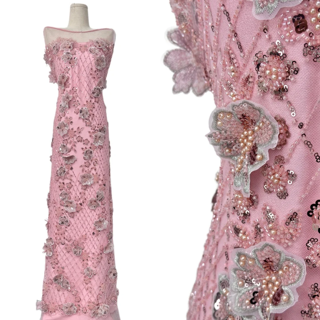 

5 Yards Nigerian Beaded Sequins Lace Fabric 3D Luxury French Lace Fabric For Bridal Wedding Evening Dress Sewing