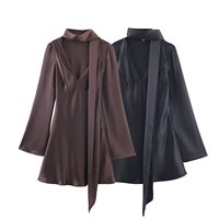 Women's V-Neck Silk Satin Irt Dress Female Slimming Scarf Collar Design Lady High-End Elegant Commuting Office Party Mini Dress