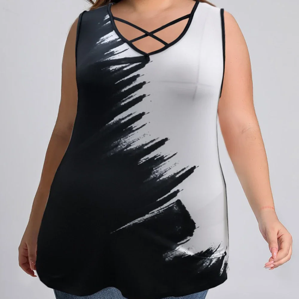 Tank Top leher V motif cetak warna, Tank Top tali silang warna hitam ukuran ekstra besar