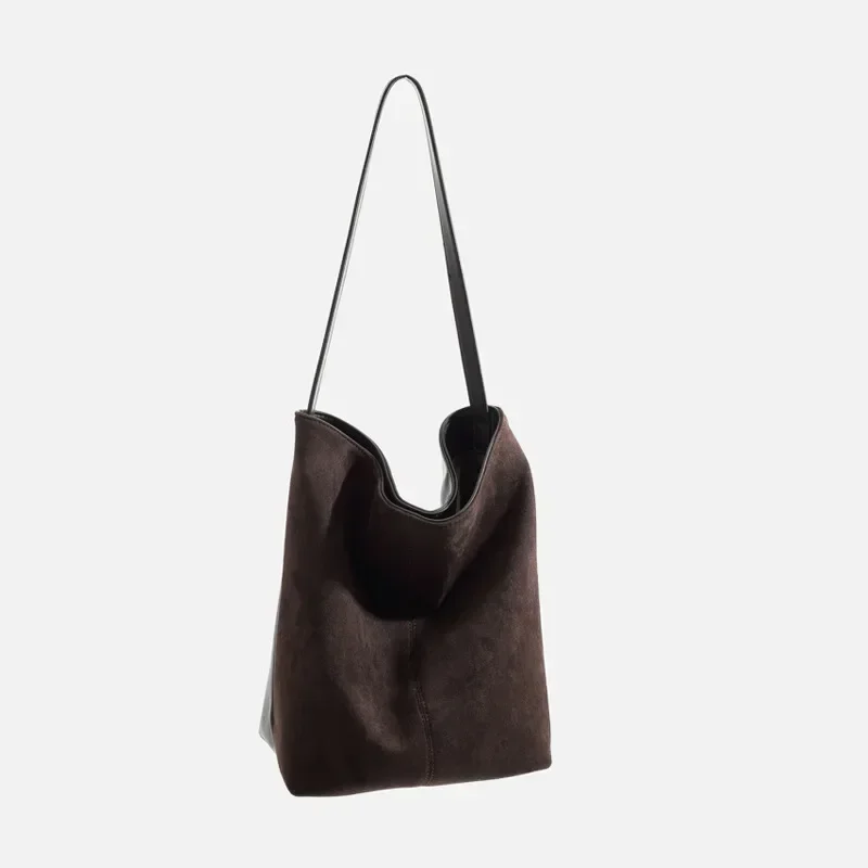Vintage Women\'s Bag Large Capacity Suede Bucket Shoulder Bag Solid Color Simple Casual Commuter Bag Luxury Designer Purses