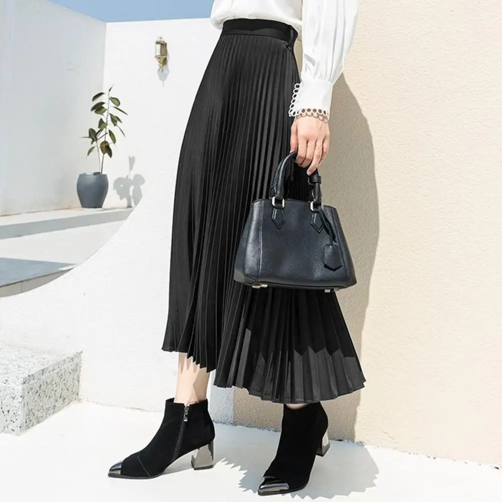 Summer Women Skirt Vintage Pleated Elastic Waistband High Waist Lady Midi Skirt Solid Color A-Line Smooth Satin Female Skirt