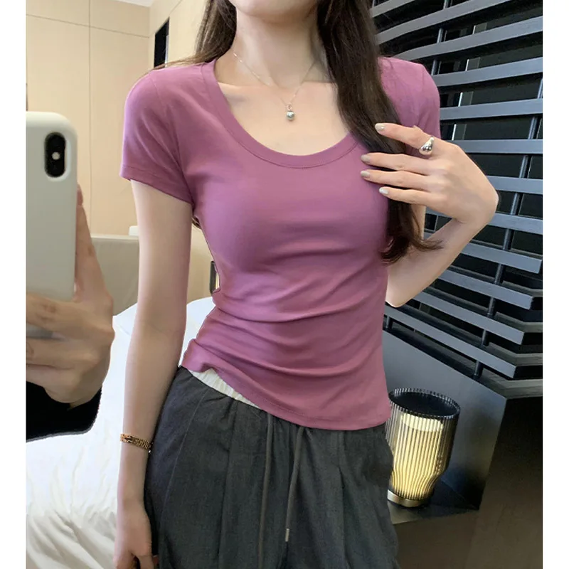 Camiseta informal de algodón para mujer, camisetas de manga corta, ropa de moda para mujer, camiseta básica ajustada con