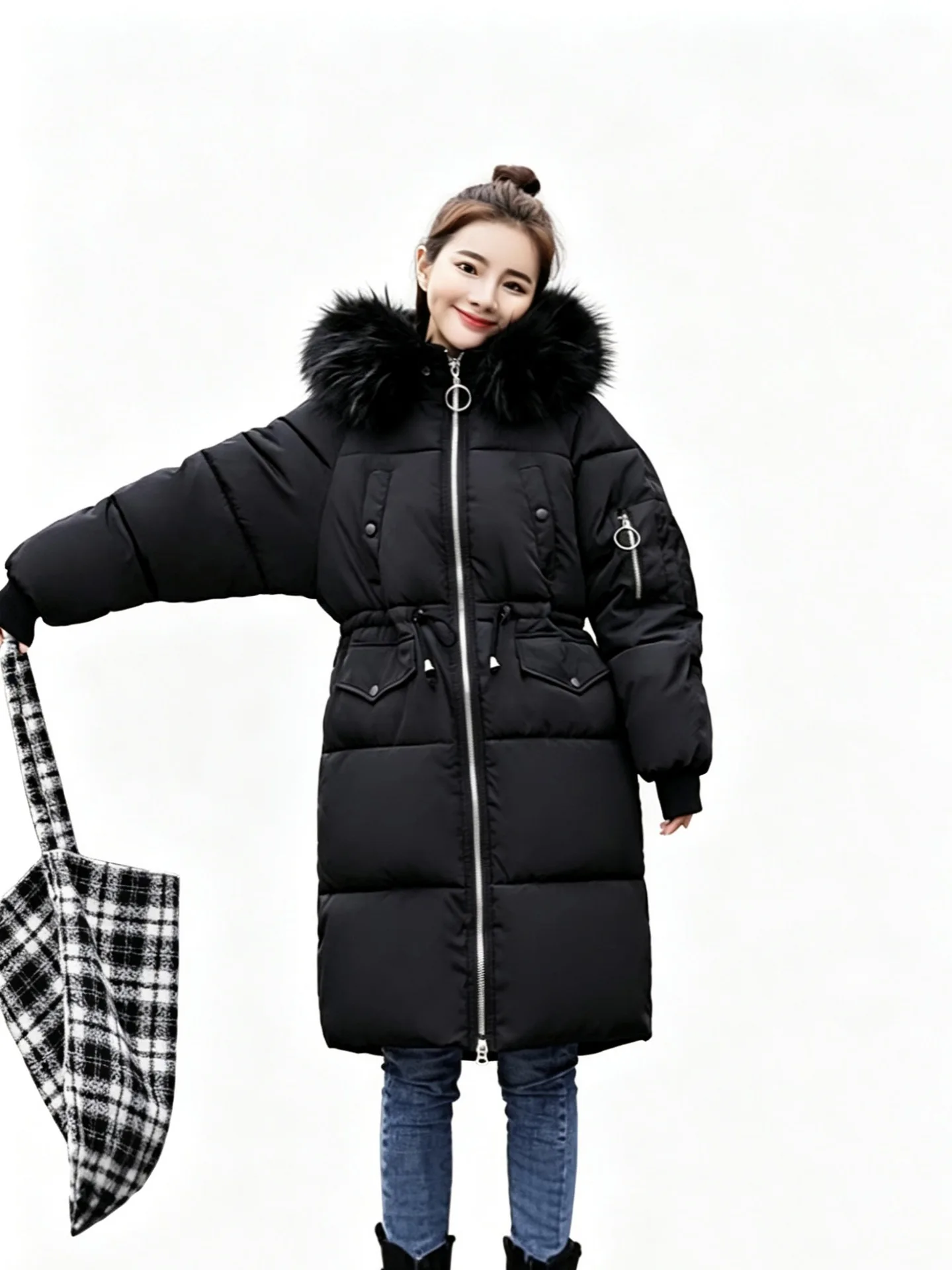 Women Faux Fur Hooded Long Puffer Coat Drawstring Waist Zip Up Multi Pocket Winter Parka Jacket Warm Outerwear for Cold Weather
