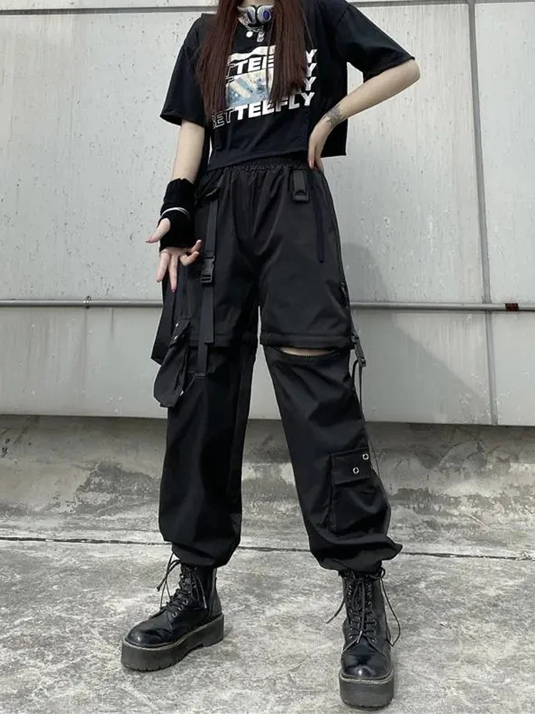 QWEEK Techwear Gothic Detachable Cargo Pants Women Harajuku Oversize Pockets Hollow Out Joggers Trousers Female Hippie Punk