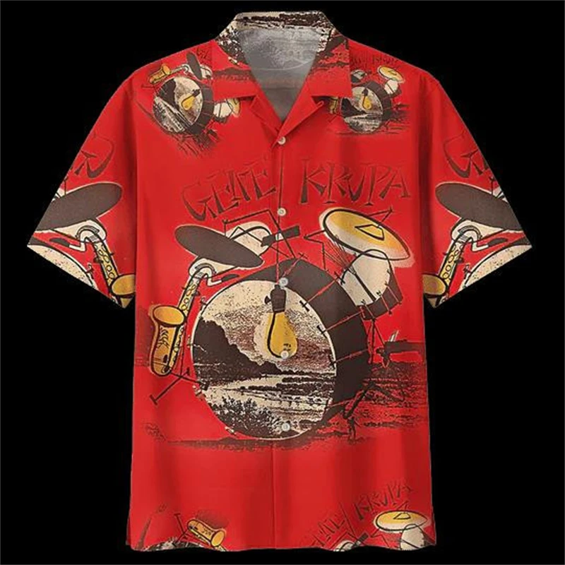 

Summer Drum Pattern Print Short Sleeve Shirt For Men Hawaii Holiday Party Shirts Camisa 2024 New Fashion Lapel Oversized Blouse