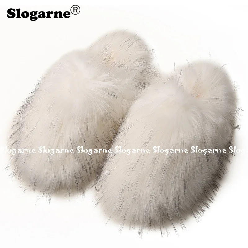 2024 Women Winter Raccoon Fur Slippers Warm Plush Slides Girls Luxury Furry Faux Fur Slippers Home Cotton Shoes Indoor Fur Slide