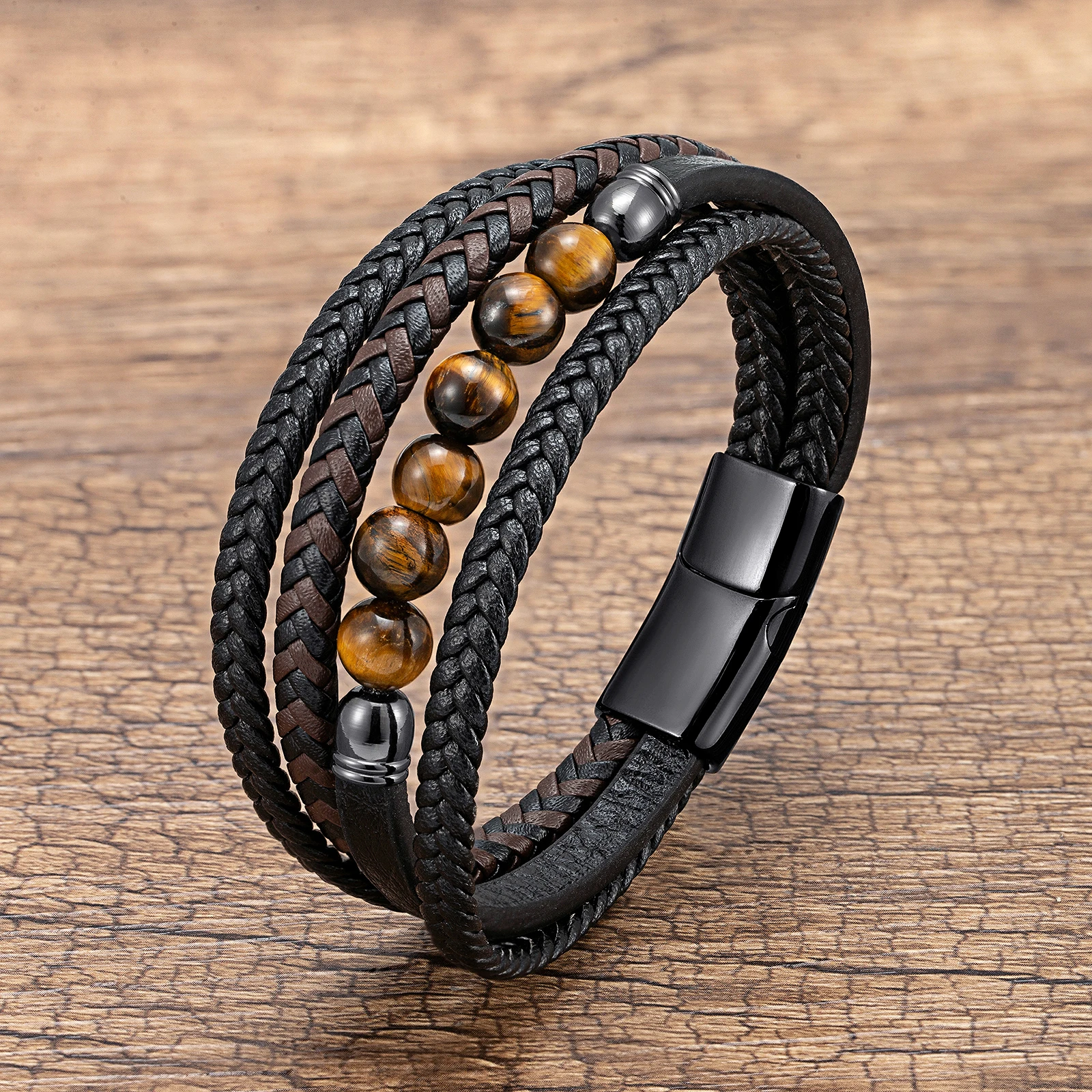 Natürliches Rundes Lavastein-Perlenarmband für Männer, Mehrschichtiges Geflochtenes Lederarmband, Modisches Tigerauge-Schmuckstück, Geschenk für den Freund – Detail 9
