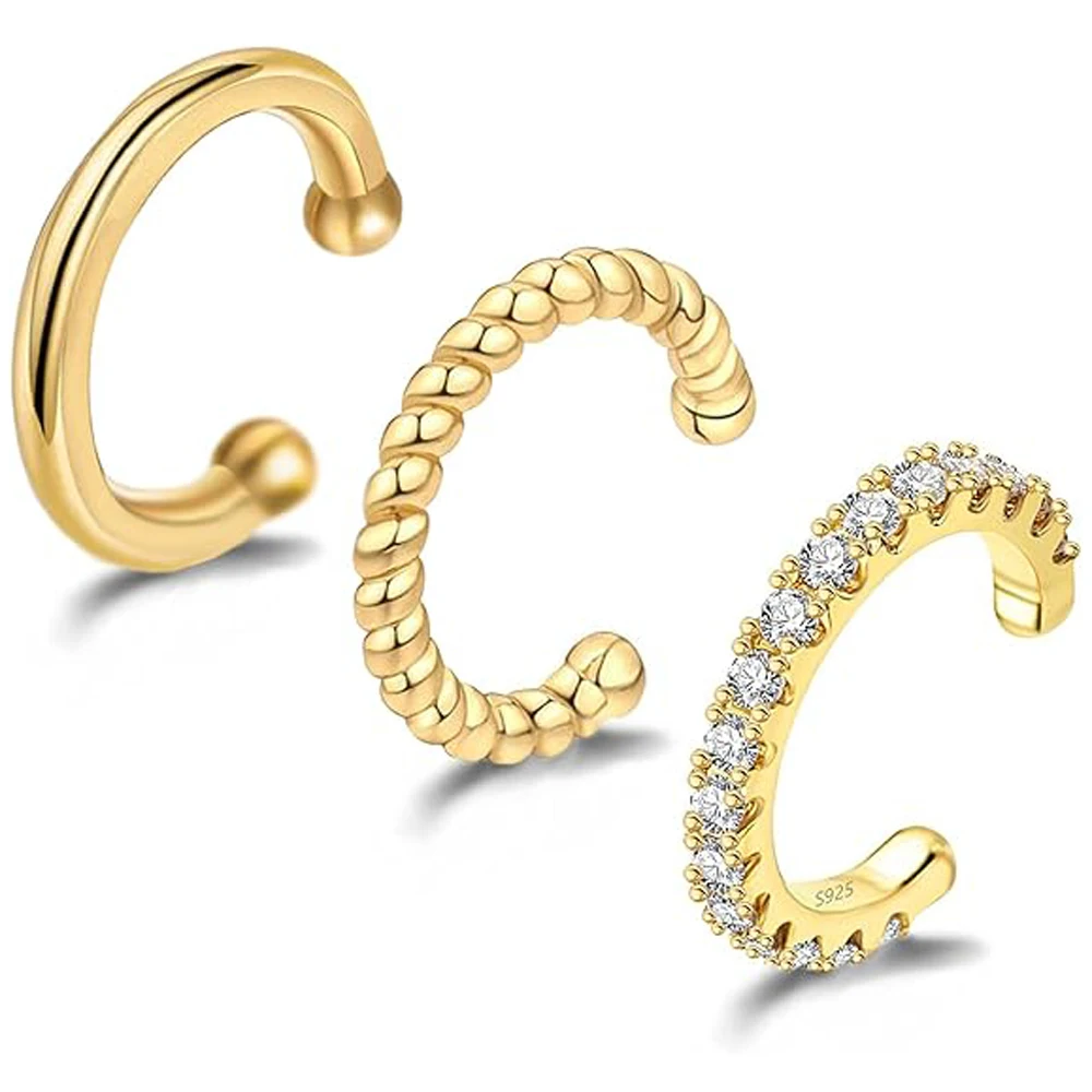 3er-Set Ohrklemmen aus 925er Sterlingsilber, Creolen für Damen und Teenager, nicht-piercend, hypoallergen, mit Zirkonia, Geschenk