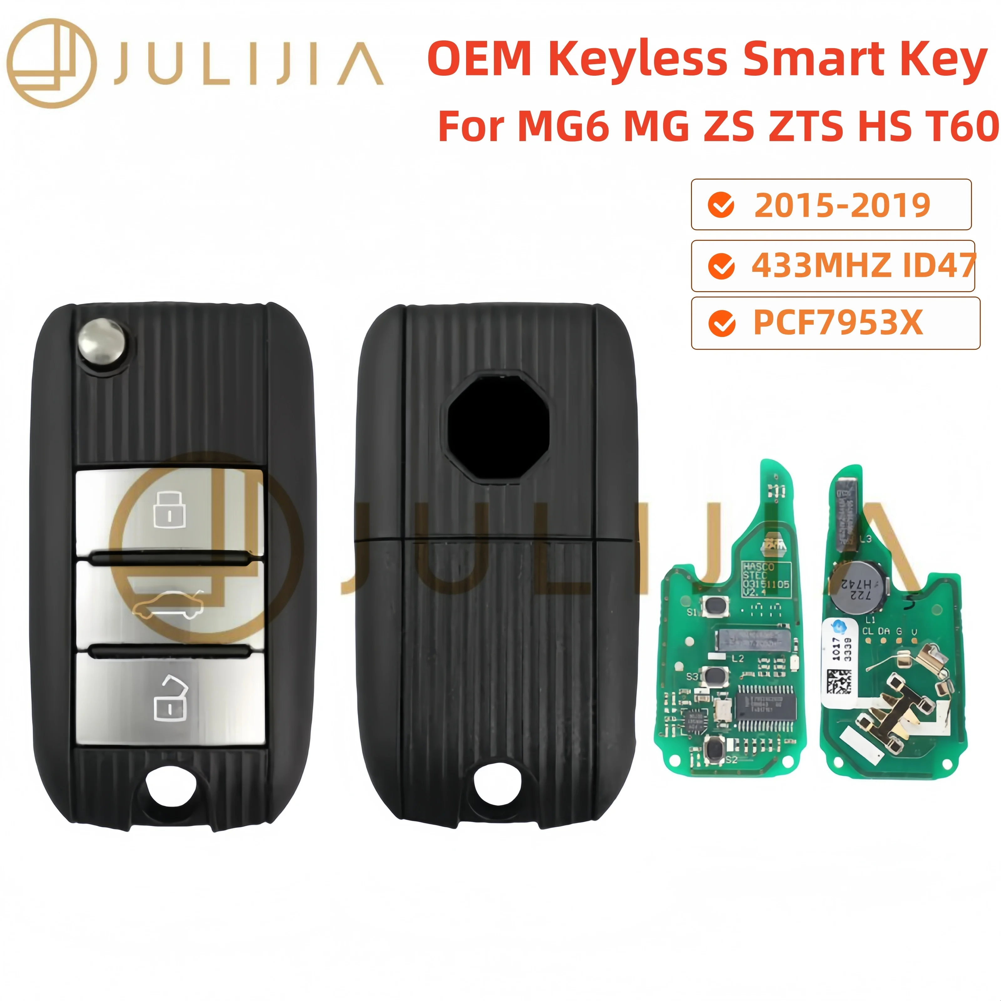 OEM Smart Remote Car Key 3 Buttons Fob for MG MG5 Morris Garage ZS MG6 HS 2017 2018 2019 Keyless Go Genuine 433mhz ID47 PCF7953X