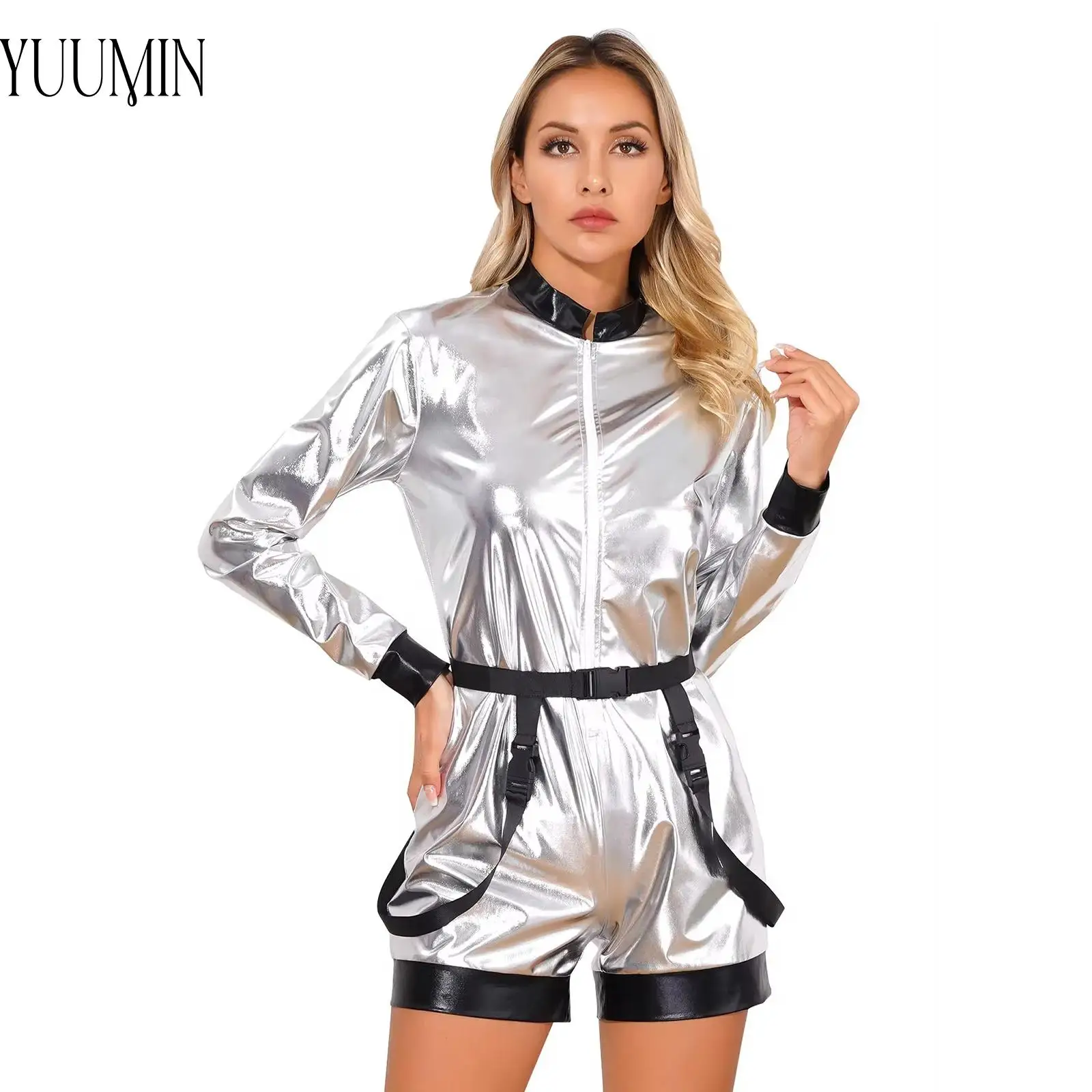 Halloween Astronaut Cosplay Kostüme Damen metallisch glänzenden Reiß verschluss Boy shorts Bodysuit Overall mit Gürtel Weihnachts feier Clubwear