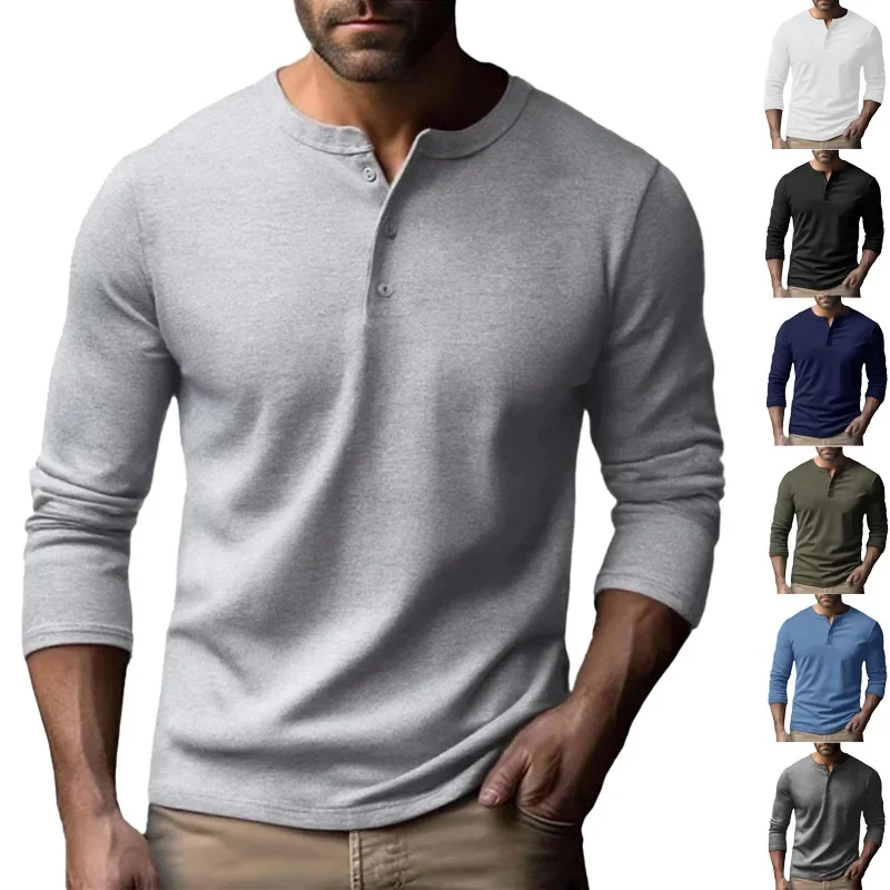 Spring And Autumn Casual Crew Neck Henley Shirt Slim-fit Solid Color Bottom Long Sleeve Shirt Men's T-Shirt
