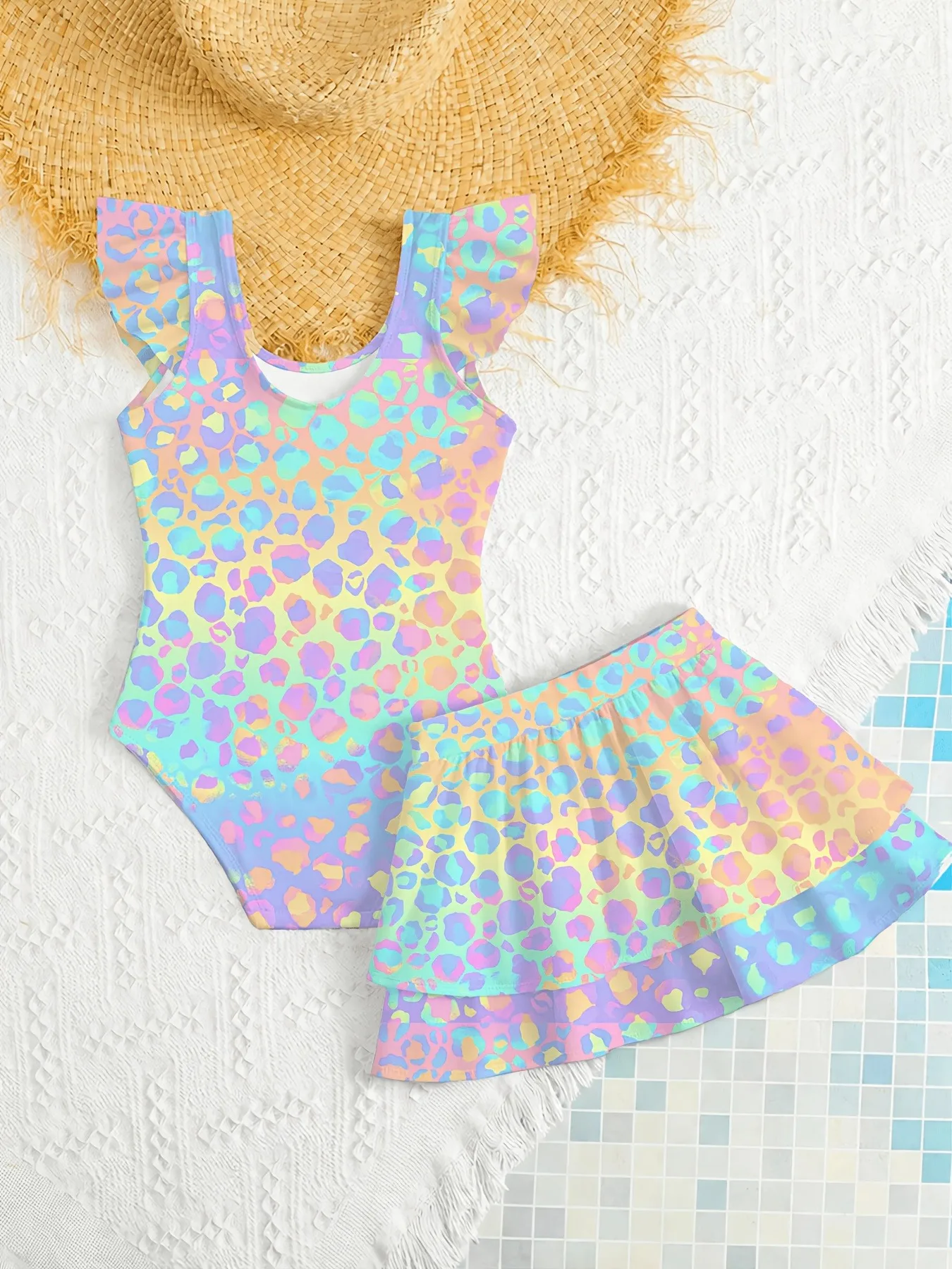 Comfy Kids Girls Two Piece Swim Outfit, U Neck Ruffle Shoulder Pastel Leopard Cartoon Printed One Piece Swimsuit & Tiered Rainbo