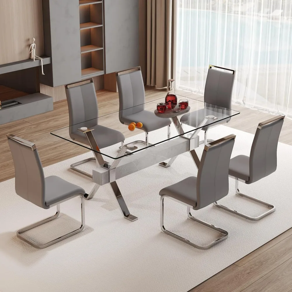 Dining Table and Chairs, Kitchen and  6 Seat Dinings Tables and Chair Set,7 Piece Modern Tempered Glass Dining Table