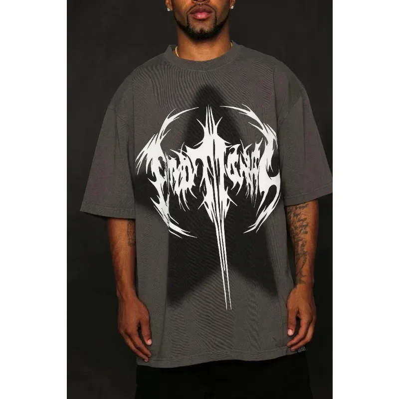 شخصية Y2k تي شيرت قطني كبير الحجم برقبة دائرية وأكمام قصيرة تي شيرت فضفاض برقبة دائرية وأكمام قصيرة للرجال الأوروبيين