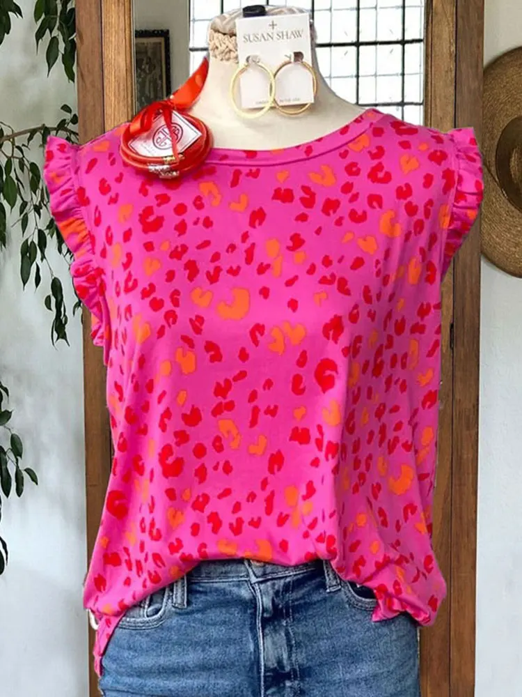 Pink Leopard Print O-Neck T-Shirt, Casual Ruffle Short Sleeve T-Shirt For Spring & Summer, Women's Clothing