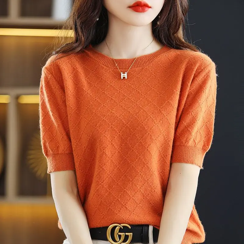 Women's Korean Fashion Simple Sweet Short Sleeve Soft Elegant Knitwear Summer Female Casual Solid Round Neck Slim Pullover Tops