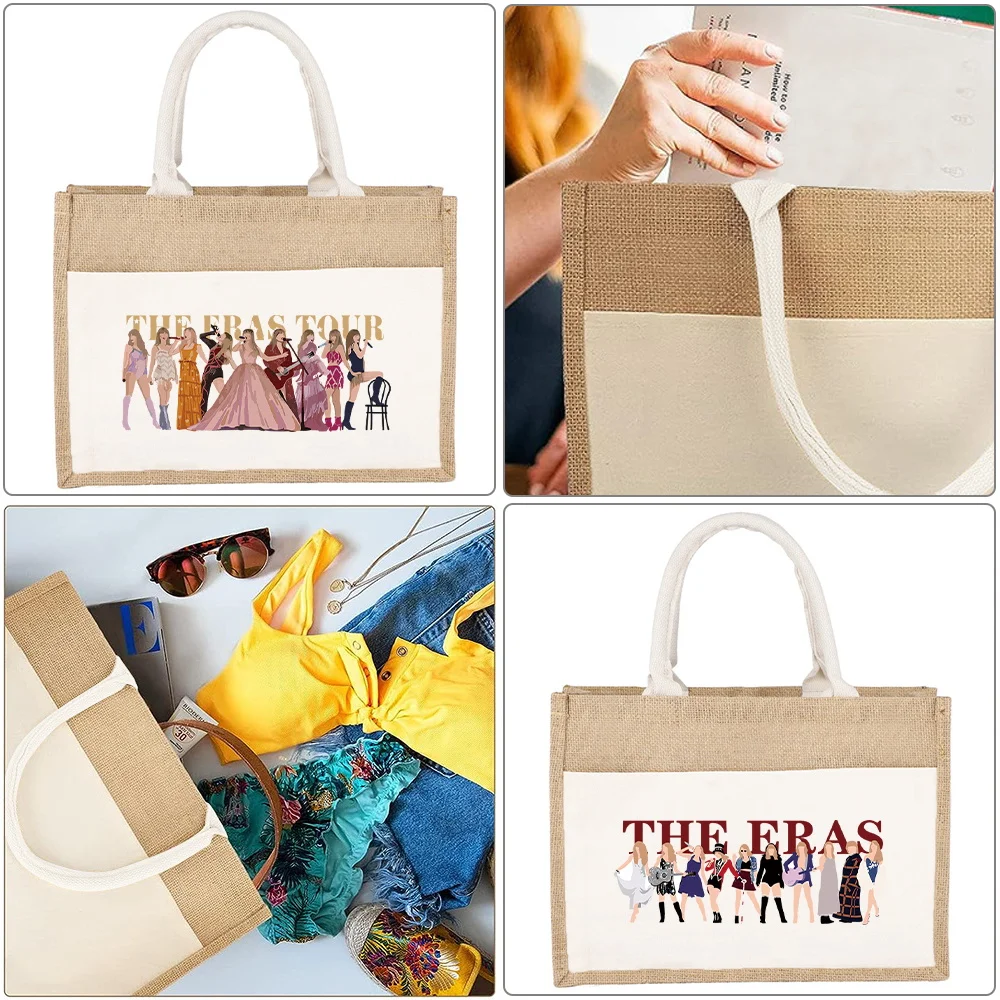 

Burlap Jute Tote Bags Eco Shopping Bag Portable Beach Grocery Shoulder Bags Eras Series Reusable Shopper Organizers