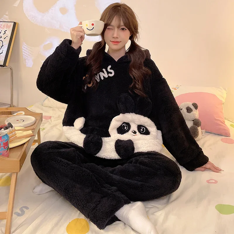 Winter Sleepwear Women Pajama Set Fleece Velvet Cute Panda Home Suit Plush Hooded Piiama Korean Warm Night Wear Homewear Pijama