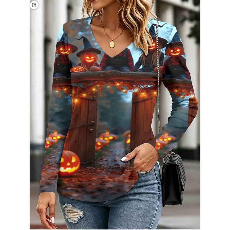 A must-have for everyday outfits: women's pumpkin and smiley face printVCollarTComfortable long-sleeved undershirt