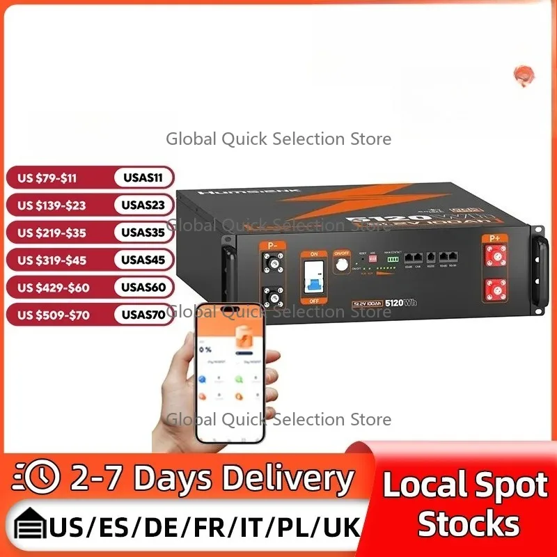Humsienk Server Rack LiFePO4 Battery 3U Size 48V 100AH With Bluetooth 100A BMS 15000 Cycles For Inverter, RV, Vans, Solar Energy