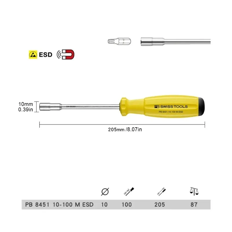 PB Swiss Tools Anti-Static Magnetic Interchangeable Bit Long Handle Screwdriver, PB 8451.10-100 M ESD