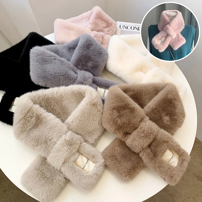 Fluffy Fur Collar Scarf Women Keep Warm Thickening Fur Sjaal Colorful Cross Winter Scarf Autumn Winter Faux Fur Plush Elega