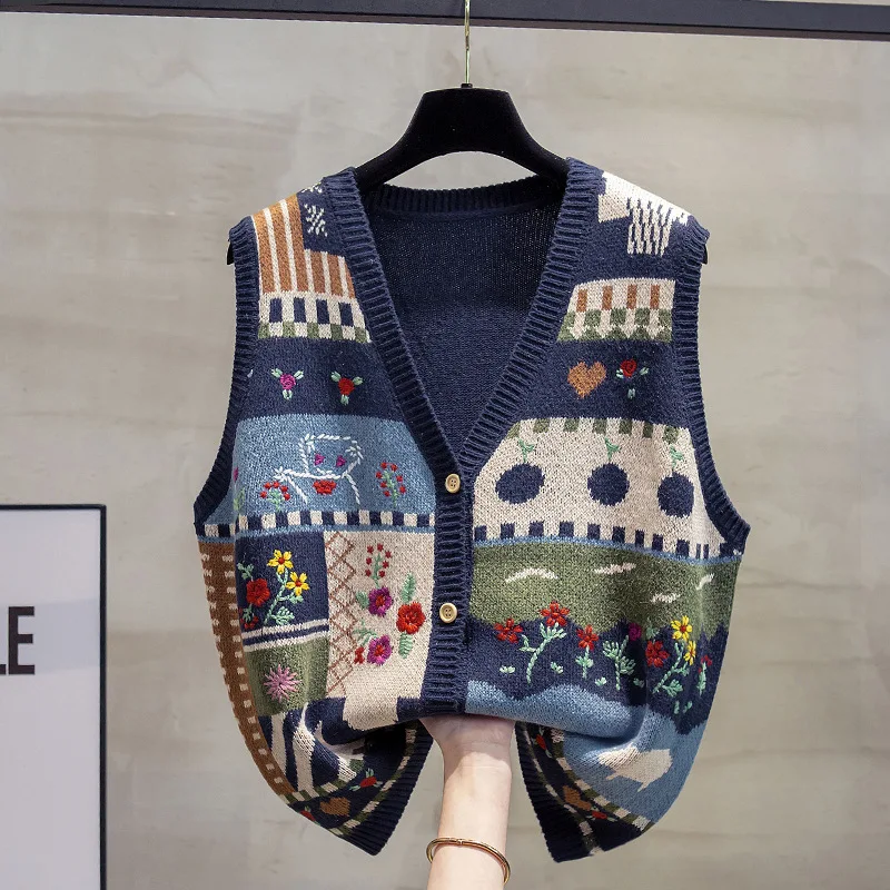 

V-neck knitted cardigan vest women's 2024 autumn outfit new loose vest graffiti sweater shoulder fashion colete feminino