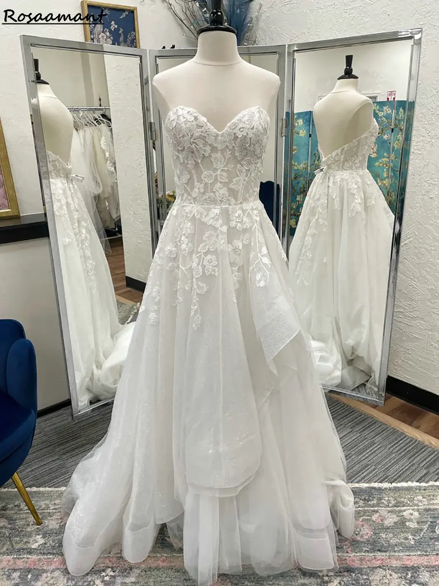 

Newest Sweetheart Sleeveless Ruffles A-Line Wedding Dresses Illusion Appliques Lace Country Bridal Gowns