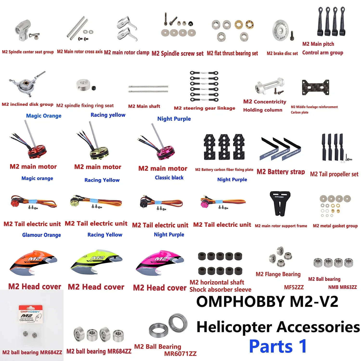 OMPHOBBY M2-V2 / EXP / EVO RC Helicopter Parts 1 Nose Cover Servos ESC Receiver Motor Blade Bearing Swing Arm