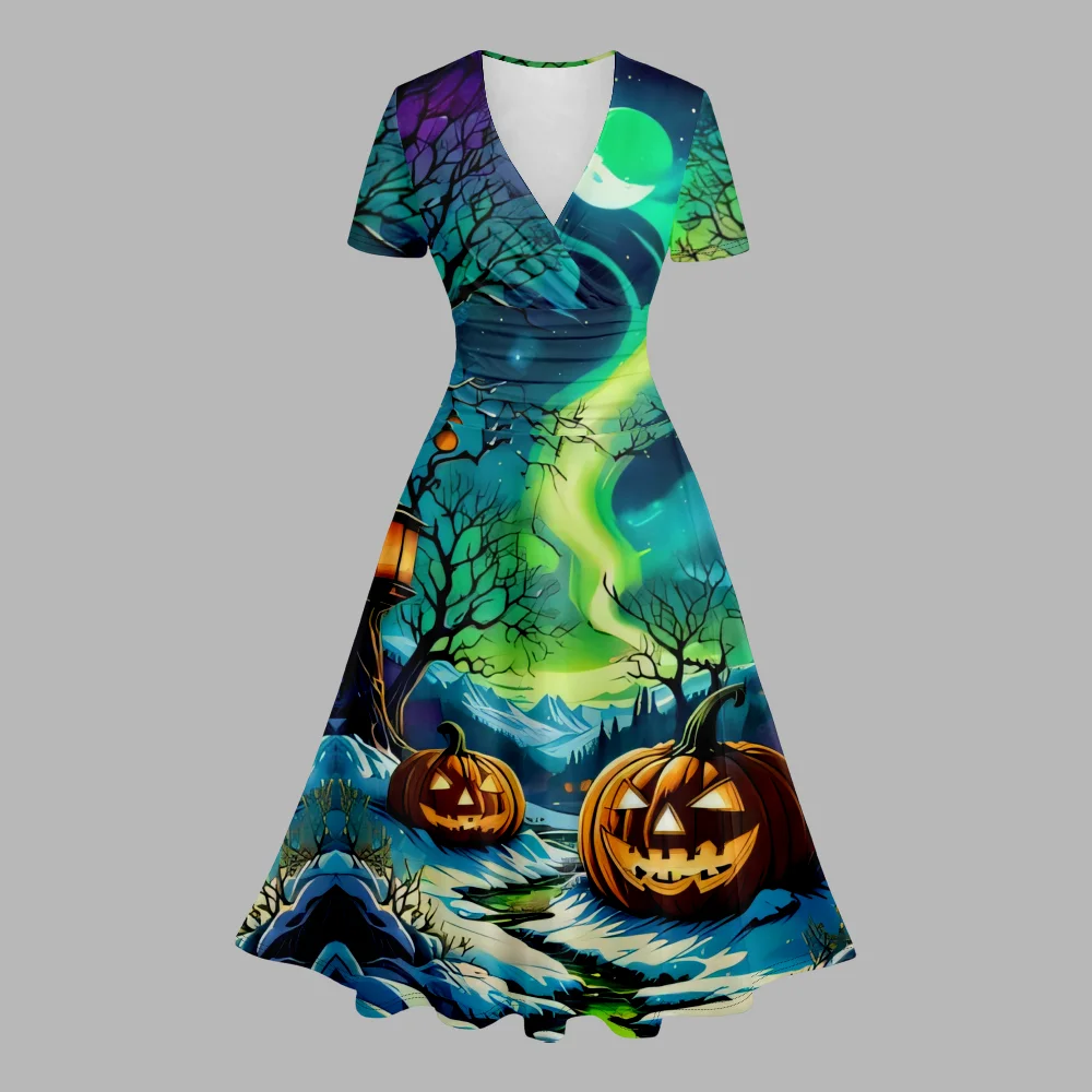 Vestido de verano de calabaza de Halloween para mujer, elegante Vestido de fiesta de moda con cuello en V, vestidos de línea a, vestidos de complejo turístico para niña, bata de Carnaval