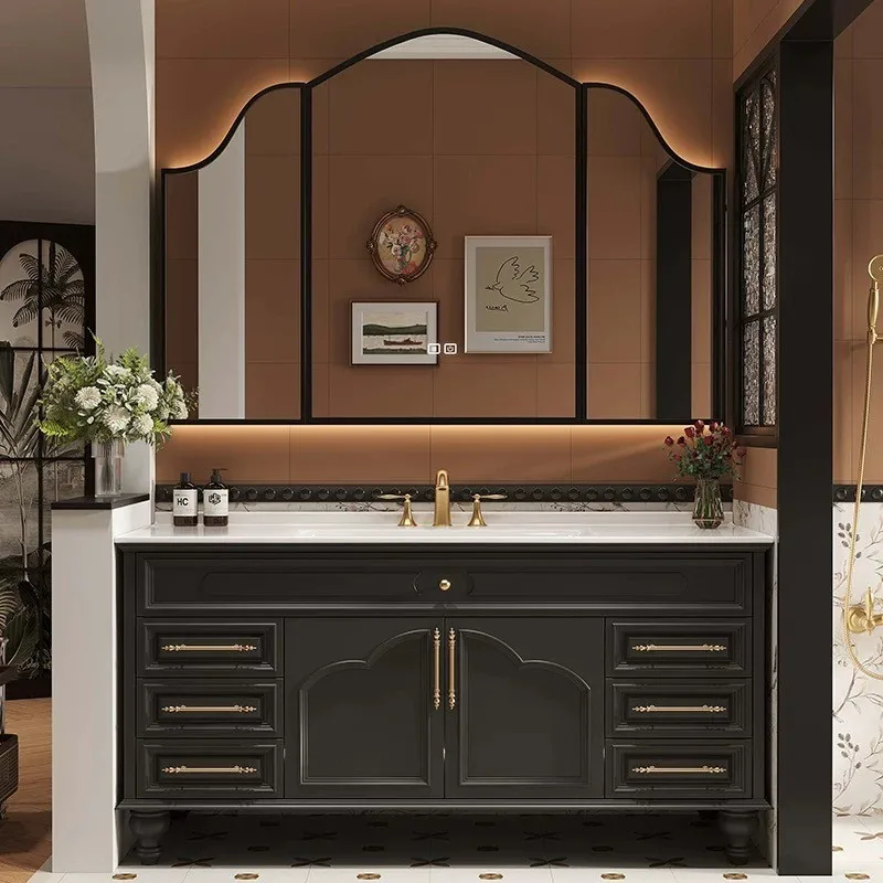 Factory Direct 2026 French retro oak bathroom cabinet combination floor-to-ceiling rock slab hot bending integrated basin washba