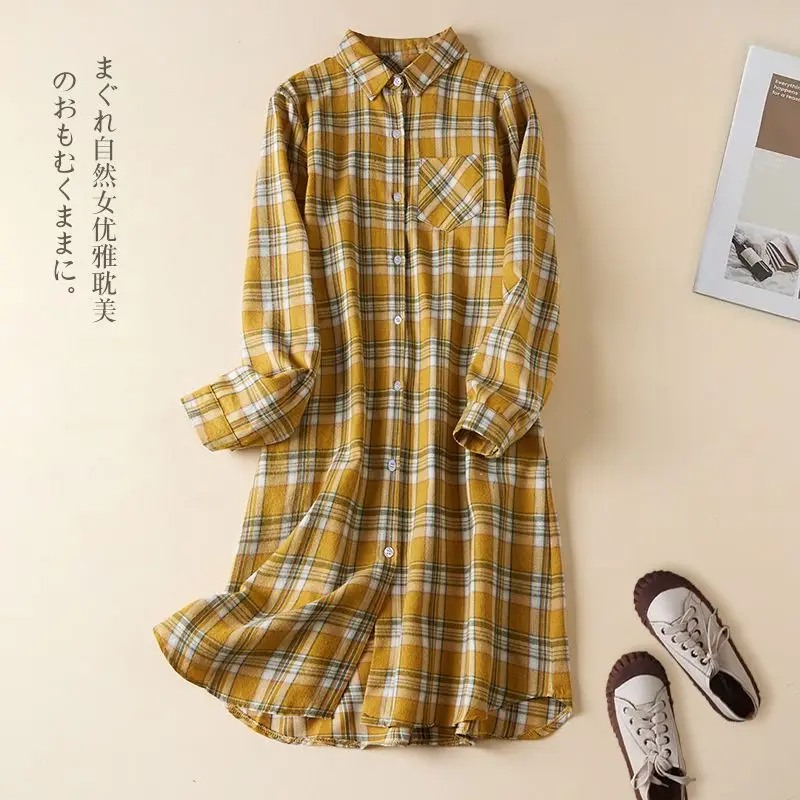 Export Italian brand autumn new style checkered shirt women\'s medium long long long sleeved brushed top loose casual shirt