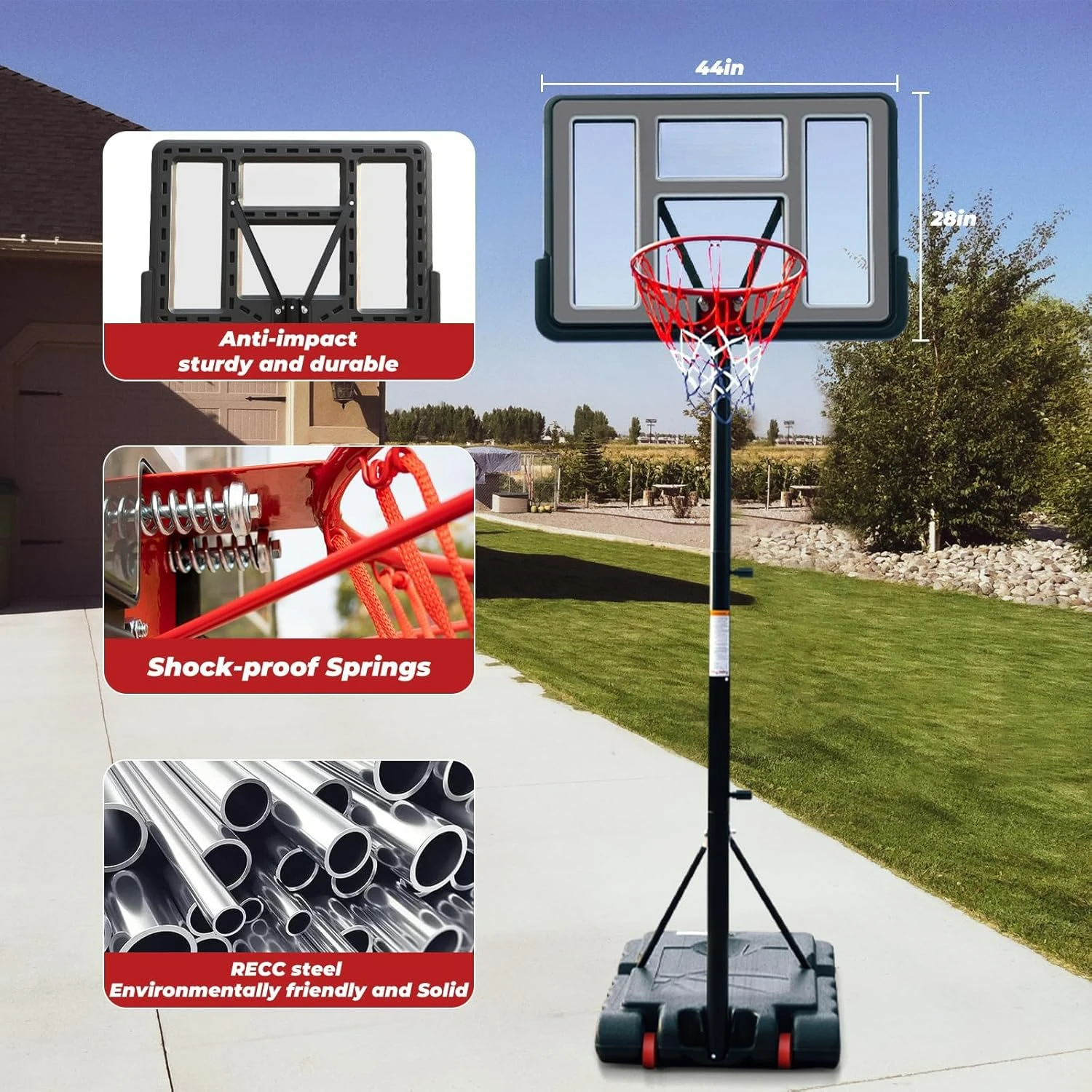 Portable Basketball Hoop, 5.6-10FT Adjustable Basketball Goal System, 44 Inch Outdoor Basketball Hoop & Goals