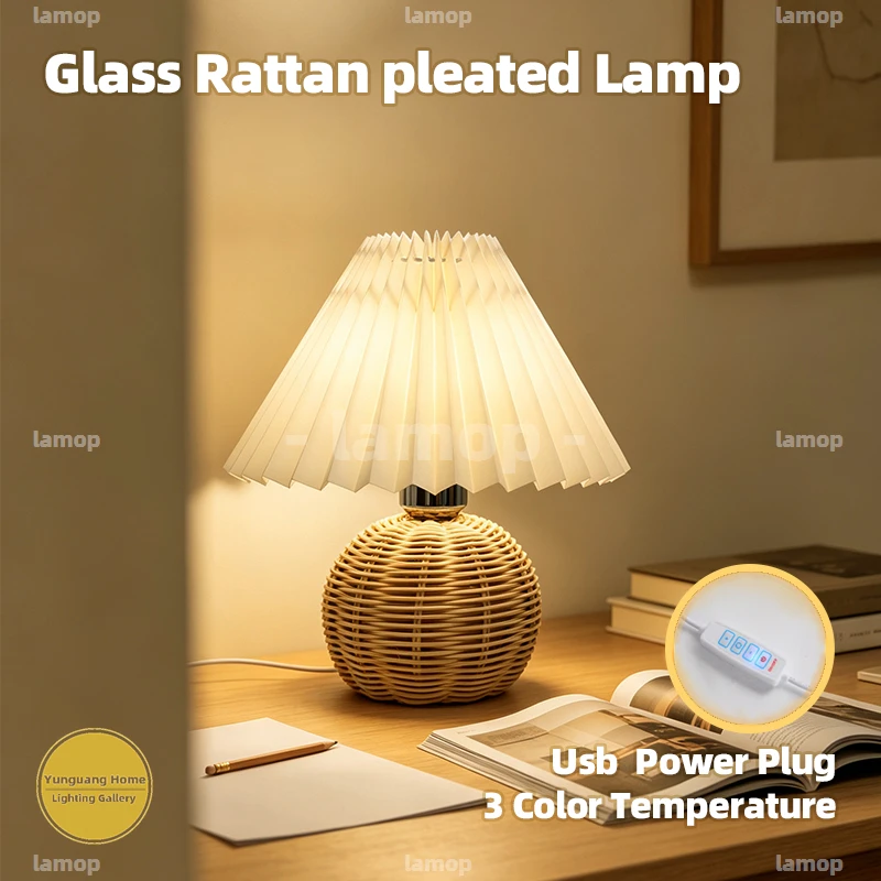 Conical Pleated Cover Rattan Table Lamp Gentle Ambient Glow Retro Lamp For Leisure Nook Homestay Interior Decoration