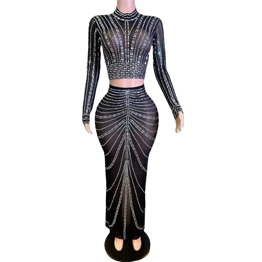 Sexy Tops Long Skirt Outfit Women Transparent Rhinestones Black Mesh Crop Birthday Party Nightclub Bar 2 Piece Set Stage Costume