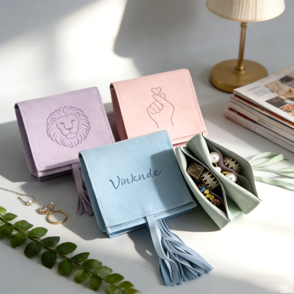 

100Pcs Custom Logo Earrings Jewelry Packaging Pouches With Divider Rings Makeup Microfiber Suede Pouch Velvet Wedding Gift Bag