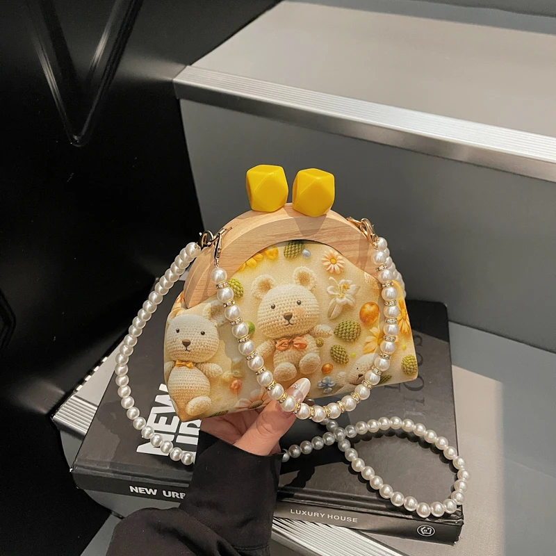 

New Cute 3D Bear Leather small Crossbody Bag for Women,Fashion Pearl Strap Shoulder Purse, Trendy Girls Casual Boho Chic Handbag