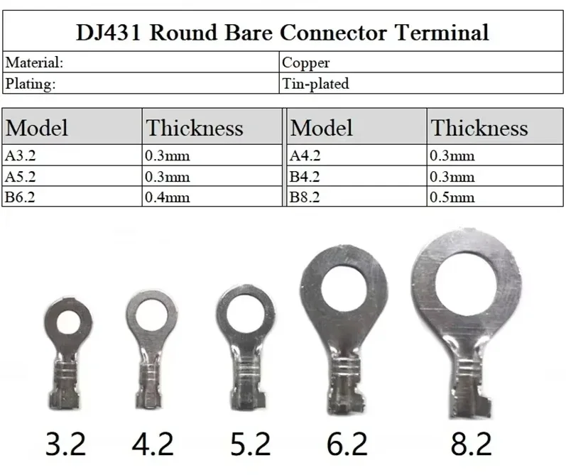 30 Pcs Copper Ring Terminal Non-Insulated Copper Ring Lugs Open Barrel Wire Crimp Connectors DJ431 A3.2 A4.2 A5.2 B4.2 B6.2 B8.2