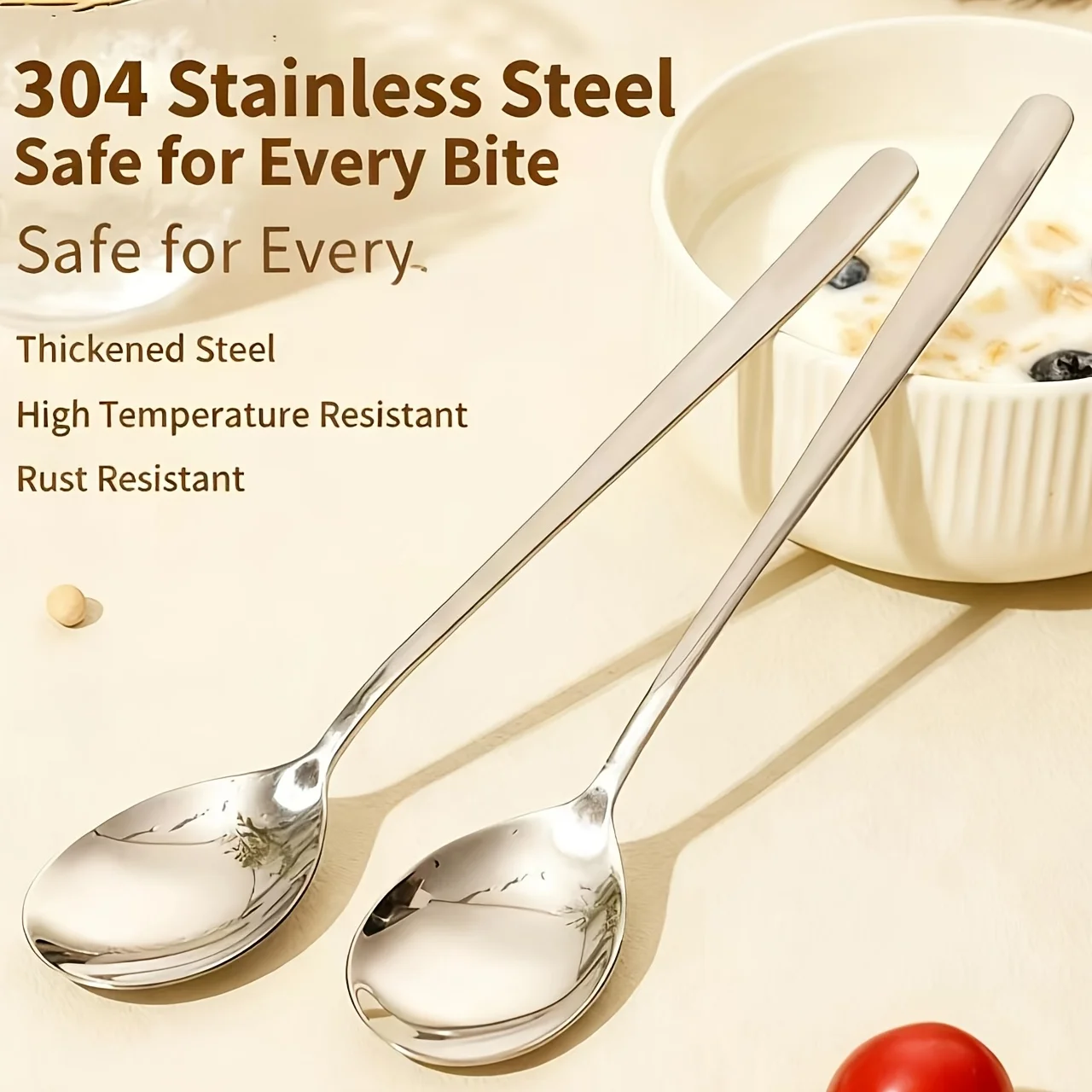 304 Stainless Steel Spoon for Home Use, Dining Spoon, Korean-Style Long-Handled Spoon, Thickened Stirring Spoon, Small Soup Spoon, Dining Spoon, Soup Spoon, Watermelon Spoon
